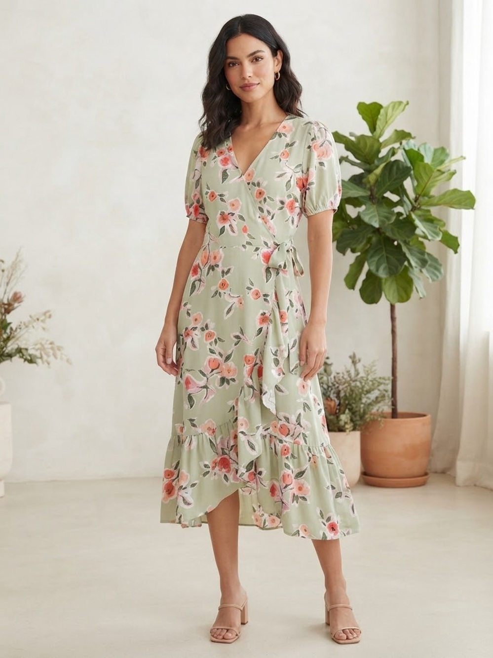 LC Lauren Conrad Floral Wrap Midi Dress in Light Sage with Peach Blooms